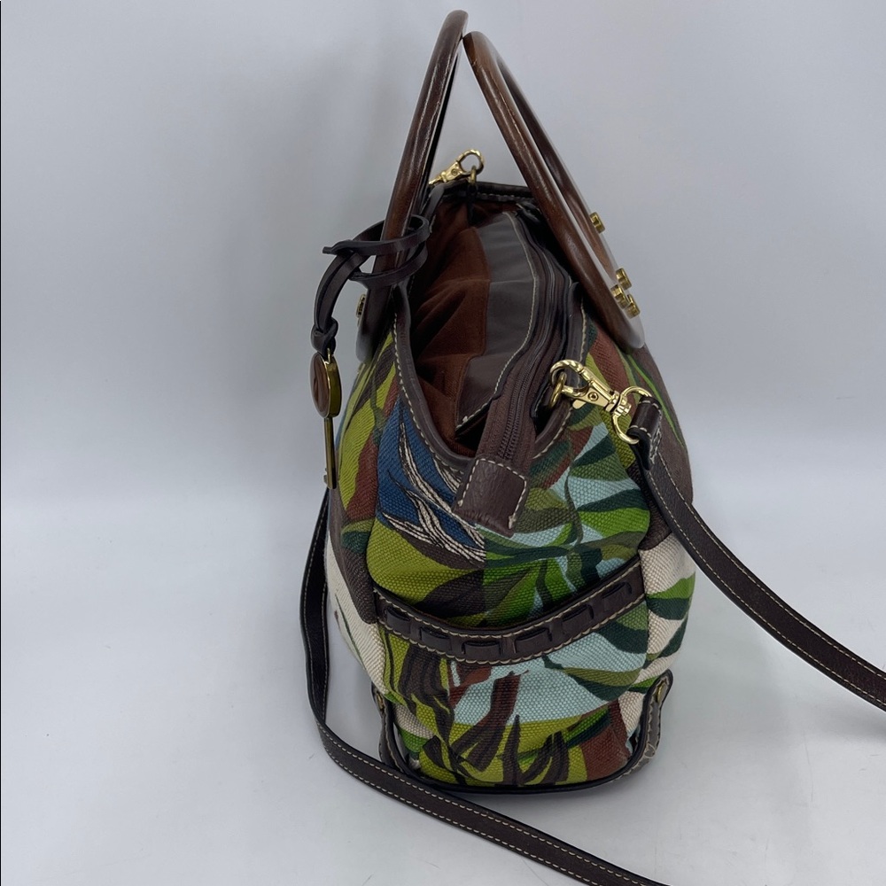 Fossil Flower Canvas, Leather & Wood Top Handle Or Detachable Shoulder Strap - Picture 4 of 9